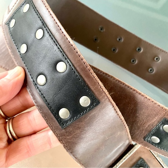 Vintage Brown & Black & Steel, Studded Belt ! Square Buckle ! A UNIQUE BELT ❤️ - Picture 10 of 16